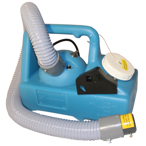 The PureMist Fogger has an ultra high-speed, 2-stage motor, variable output from 0 to 18 oz. per minute, adjustable flow control valve, flexible 32" directional hose and a corrosion-proof poly supply tank.