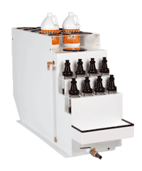 Designed with direct feed and auto shut off. Integrated into the tank are storage shelves for 10 one gallon jugs, 8 quart size bottles, and 2 Hydro-Force™ jugs. 
